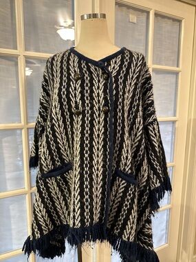 Navy and Cream Knit Fringe Button-Front Poncho